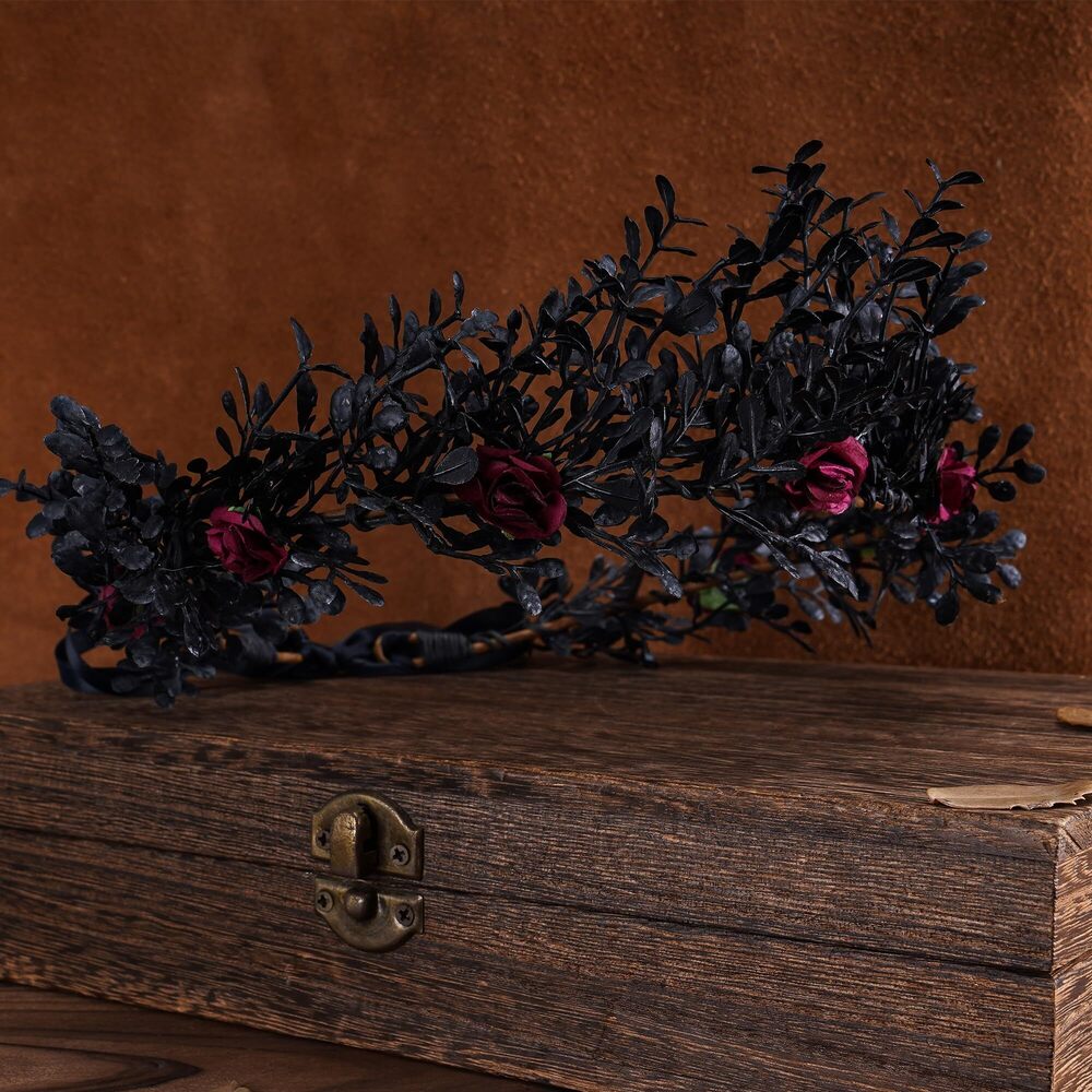 2487 Gothic Black Flower Crown - Woodland Fairy Headpiece Dark Forest - Picture 5 of 7